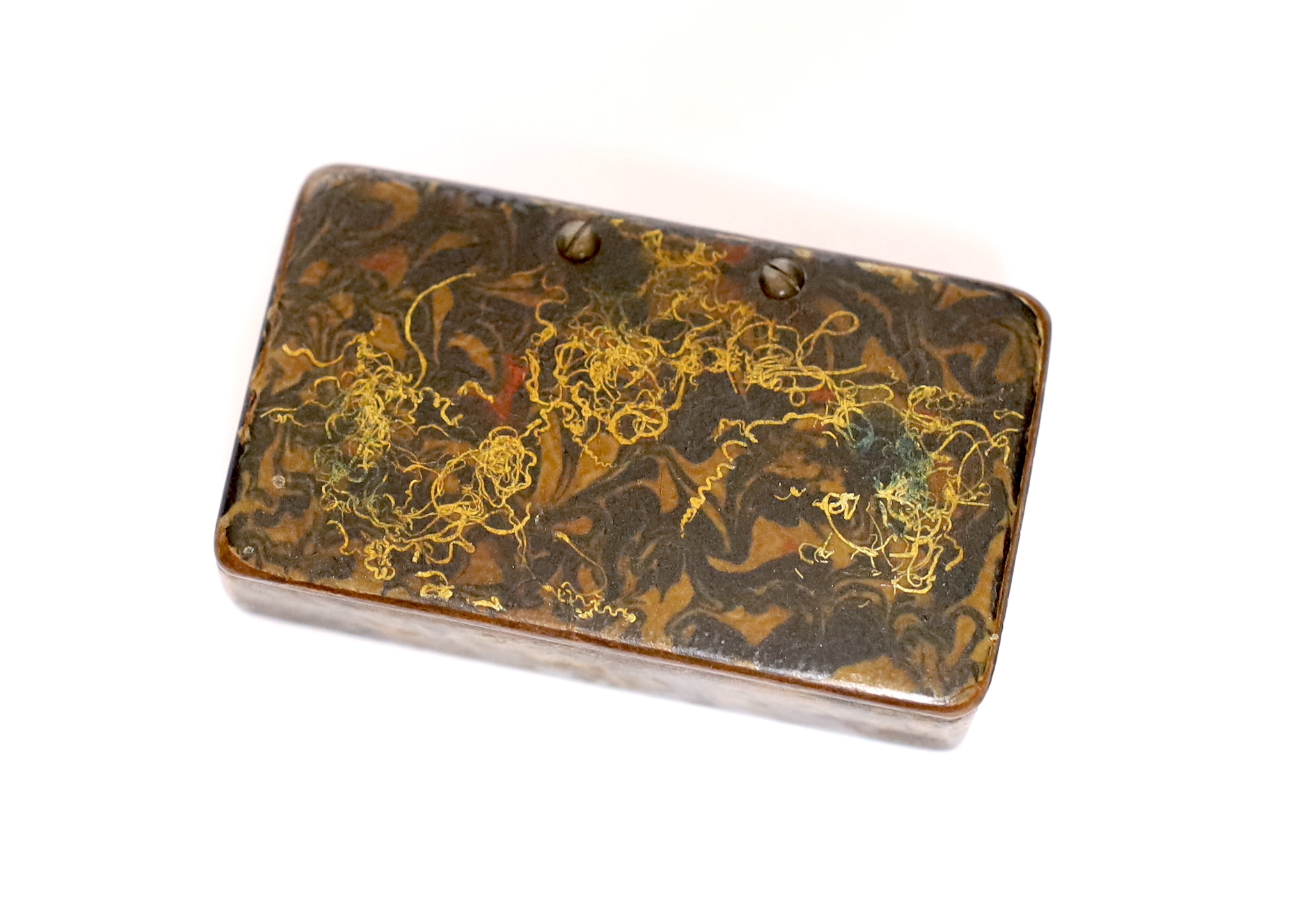 A Victorian embossed brass powder flask, a leather shot flask and a Victorian mother of pearl and abalone calling card case